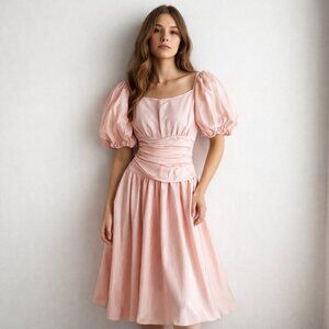 Vintage Pierre De Roche PAstel Pink Puff Sleeve Midi Prom Dress S